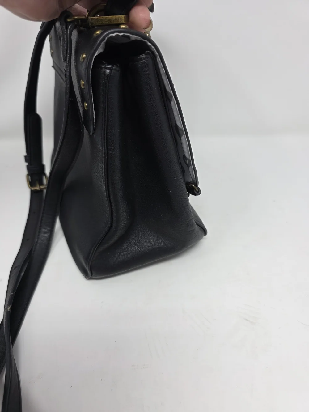 BORSANI Black Studded Leather Satchel Shoulder Bag Brass Ring Hardware